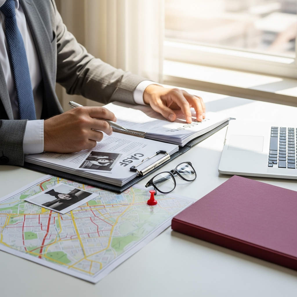 An investigator's desk with case files, a map and magnifier
