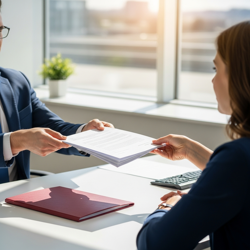 A professional handing official legal documents to a client